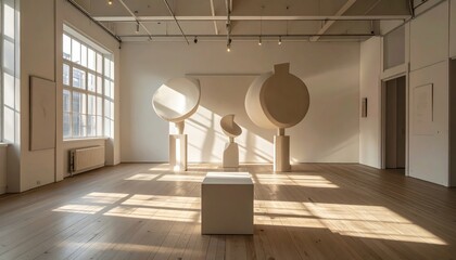 Large, minimalist sculptures of abstract forms are displayed within a spacious, well-lit gallery setting, showcasing a serene and contemporary artistic exhibit with natural light illuminating the...