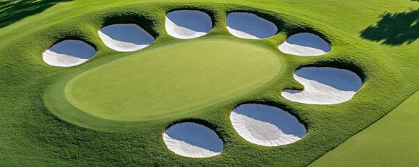 Aerial View Golf Green Surrounded by Sand Traps, Green , Sandpit
