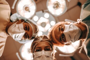 Surgeons perform an operation in an operating room, view from below