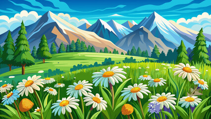 Very beautiful blooming daisies in a lush green meadow with snow-capped mountains in the background, vector-style illustration highlighting vibrant colors, natural textures, and serene alpine 