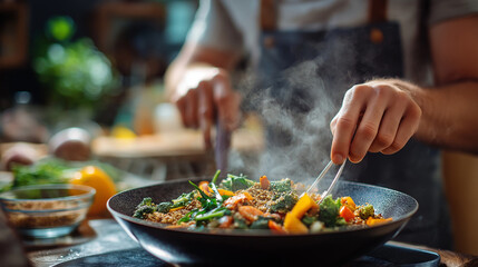 Man cooking quinoa and vegetables in wok pan, steam rising, vibrant colors, home kitchen, healthy meal preparation, vegan dinner, balanced diet, plant based nutrition, food and wel