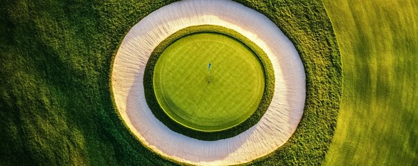 Aerial View of Green Golf Course Hole with Sand Trap, Sport , Recreation