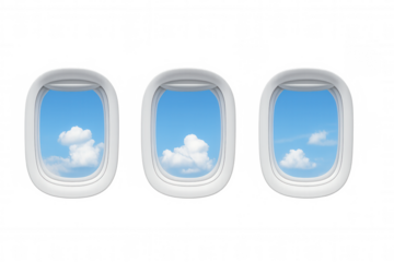 Airplane windows with blue sky and white clouds view, travel journey, transparent background element