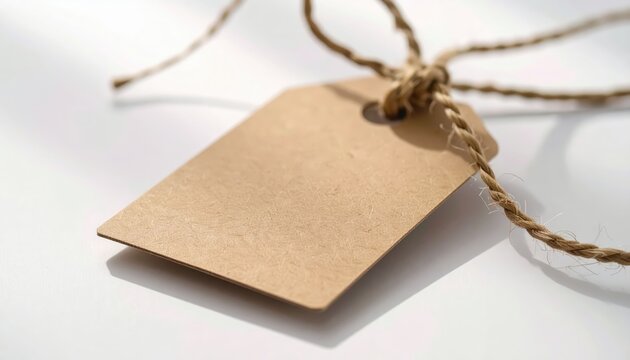 A  shot showcases a blank, rectangular brown paper tag, tied with natural twine, resting on a bright white surface.