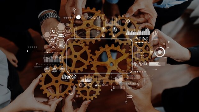 A dynamic representation of teamwork and innovation featuring diverse hands connecting gears with digital overlays, symbolizing progress and collaboration in business. Raster