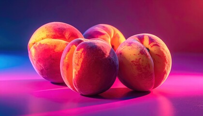 Vibrant  showcases four ripe peaches bathed in a gradient of warm pink, orange, and blue light.