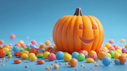 A celebration of simplicity: a joyful pumpkin and sweet halloween scene. Surreal portraits. A lush autumn garden: pumpkin's smile and candy among leaves. Abstract beauty. Strange beauty.