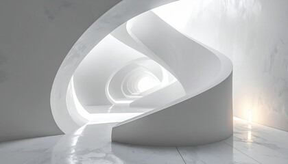 Futuristic and modern architectural interior design showcases a white, minimalist structure with curved walls and bright natural lighting that creates depth and spaciousness in a geometric hallway.