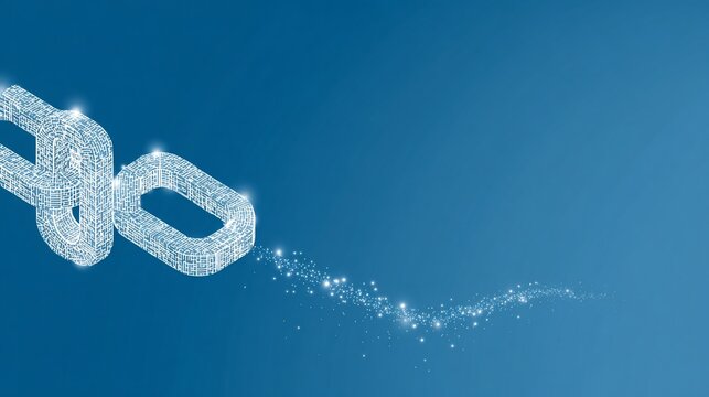 Digital blockchain connection with glowing sparks, demonstrating technology and security, blue