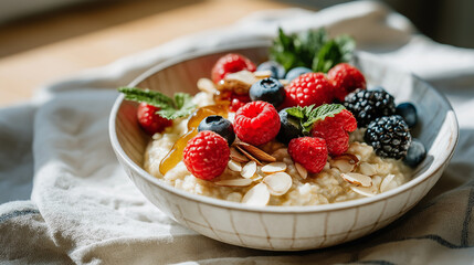Bowl of oatmeal topped with berries, almonds, and honey on linen napkin, morning sunlight, rustic aesthetic, healthy breakfast idea, clean eating lifestyle, plant based nutrition, 