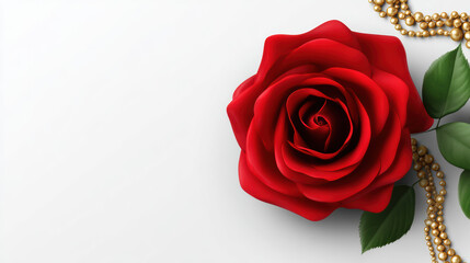 Fototapeta premium A velvety red rose bloom, accompanied by delicate golden pearl strands and lush green leaves, creates an elegant design element on a crisp white backdrop here.