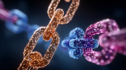 Digital blockchain technology concept showing interconnected chains representing security and data