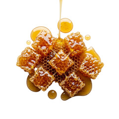 Loosely arranged honeycomb dripping with golden honey, showcasing glossy rich texture from an overhead view on a clean minimal background for natural sweetness theme