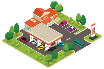 Isometric of a Gas Station Vector Illustration