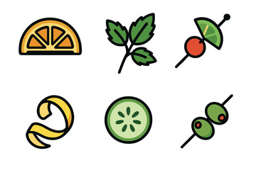Cocktail garnishes vector icon set. Collection of various fruit and herb decorations for drinks.