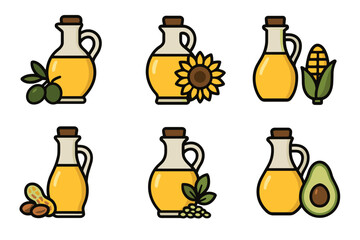 Cooking oil types vector icon set. Collection of various vegetable oils in glass jugs.