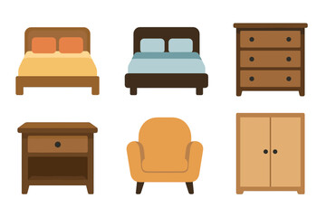 Fototapeta premium Bedroom furniture flat vector illustration set. Simple collection of wooden furniture for a cozy interior.