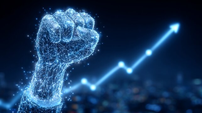Digital revolution and economic growth represented by a glowing fist and a rising line graph