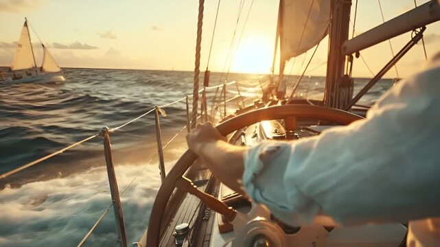 A mans hands firmly grips the helm of a sailing yacht during sunset. The sun casts a golden hue over the ocean, reflecting off the waters surface. The yachts wooden deck is detailed with ropes.