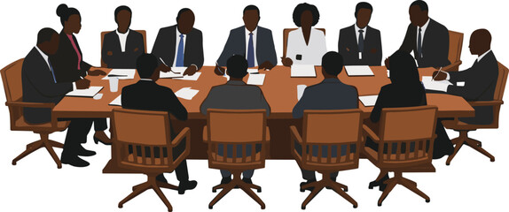 Business meeting around conference table silhouette illustration, teamwork and professional collaboration concept artwork for lifestyle, corporate, and leadership design