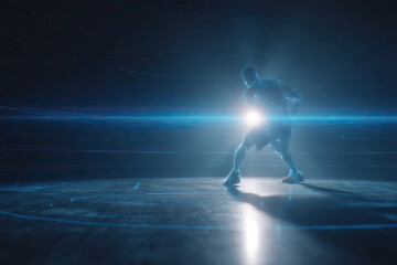 Fototapeta premium A holographic projection of an athlete with a bright spotlight. Ideal for websites, apps, and posters related to football, basketball.