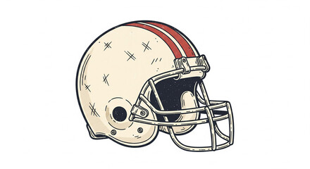 Vintage American football helmet with red stripes and face mask, showing a distressed, hand-drawn style on a white background.