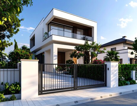 Modern, two-story house with a sleek facade,  and a black metal driveway gate. Lush landscaping surrounds the property