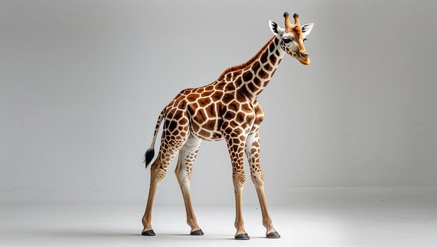 Full-body young giraffe standing with spotted coat and thin legs, isolated on white