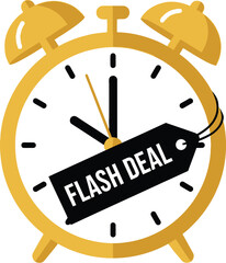 Golden alarm clock with flash deal tag, indicating a limitedtime offer isolated on white background