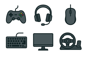 PC gaming peripherals and equipment vector icon set. Monochrome collection of various gamer accessories.