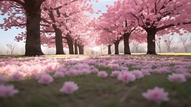 pink cherry blossom trees in full bloompink blossoms on the ground with sunlight filtering through them.