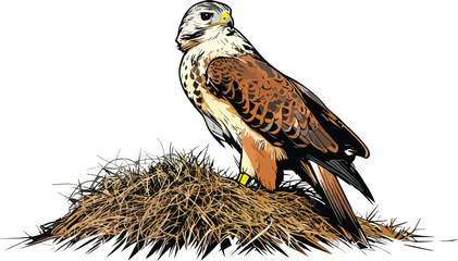 closeup-redshouldered-hawk-perched-dried-grass-field illustration