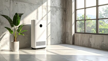 Modern indoor scene showcasing a white air purifier beside a potted plant, with sunlight streaming through a large window, creating a serene and well-lit atmosphere in a contemporary building...