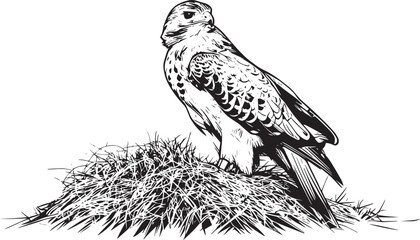 closeup-redshouldered-hawk-perched-dried-grass-field vector line art
