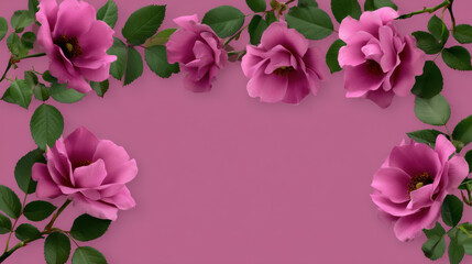 Fototapeta premium Beautiful pink roses arranged along the top and bottom edges, creating a lovely floral frame on a vibrant light purple background providing space for text.