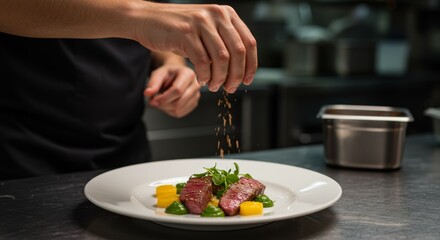 Culinary expert garnishing gourmet dish with fresh herbs in restaurant kitchen