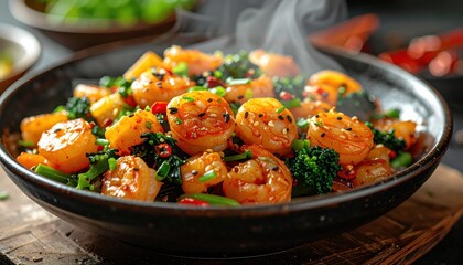 Delicious and flavorful dish of steaming shrimp stir-fry served in a black bowl with a garnish of fresh herbs, sesame seeds, and vegetables, creating an appetizing presentation with warm colors.