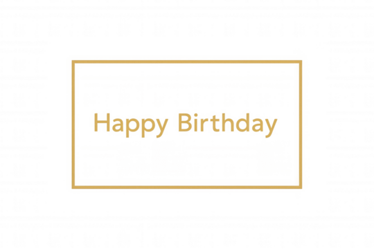 Happy birthday text in gold with a thin rectangular outline frame, celebrating events on a transparent background
