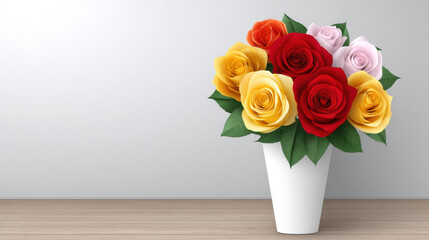 Naklejka premium A beautiful bouquet of colorful roses in a white vase sits elegantly on a wooden table against a plain background, offe a serene and romantic aesthetic appeal.