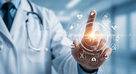 Cutting-edge healthcare innovation with a doctor using a modern digital interface for virtual health solutions and medical research advancement today