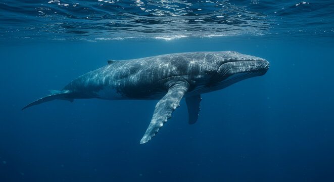 Majestic humpback whale gracefully swimming underwater in crystal clear blue ocean waters, a stunning marine creature