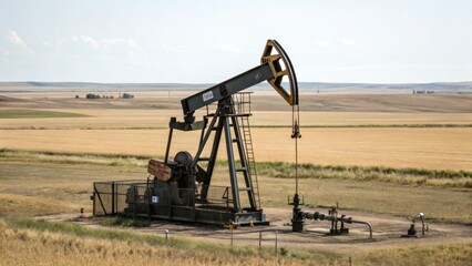 large oil pump jack operates in an open field extracting crude oil