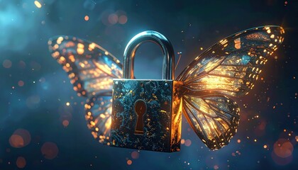Captivating image showcases a metallic padlock superimposed over delicate butterfly wings, revealing intricate details of the wing patterns and textures, bathed in soft light and a bokeh-filled...