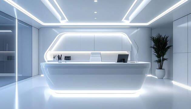 Modern, futuristic office reception area with a minimalist design, featuring a curved, glowing white desk with a laptop and office supplies, illuminated by recessed lighting, a potted plant, and...