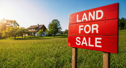 Obraz premium Land for Sale Sign on Green Field with Country House in Background
