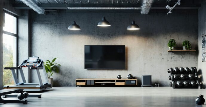 Minimalist glossy tv off gym interior with industrial ceiling lamps