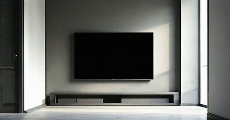 Fototapeta premium Minimalist interior features wallmounted television, sleek console. Neutral tones dominate space, creating calm atmosphere. Lighting highlights textures.