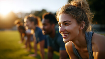 Group of friends doing outdoor bootcamp training on grassy field, laughing and motivating each other, warm evening light, teamwork fitness, group exercise, outdoor workout, motivat