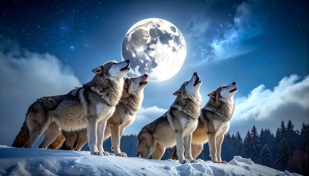 Wolves howling at a full moon in snowy mountains - Powered by Adobe