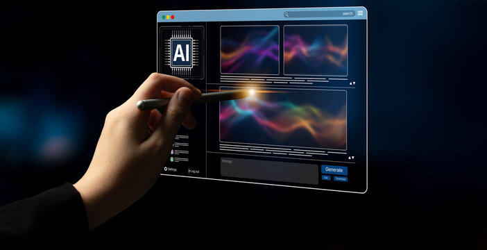 AI platform generating art images with dynamic interface. AI-generated content appears in image gallery artificial intelligence view. Genrative AI loading multiple image from AI design engine. Spline